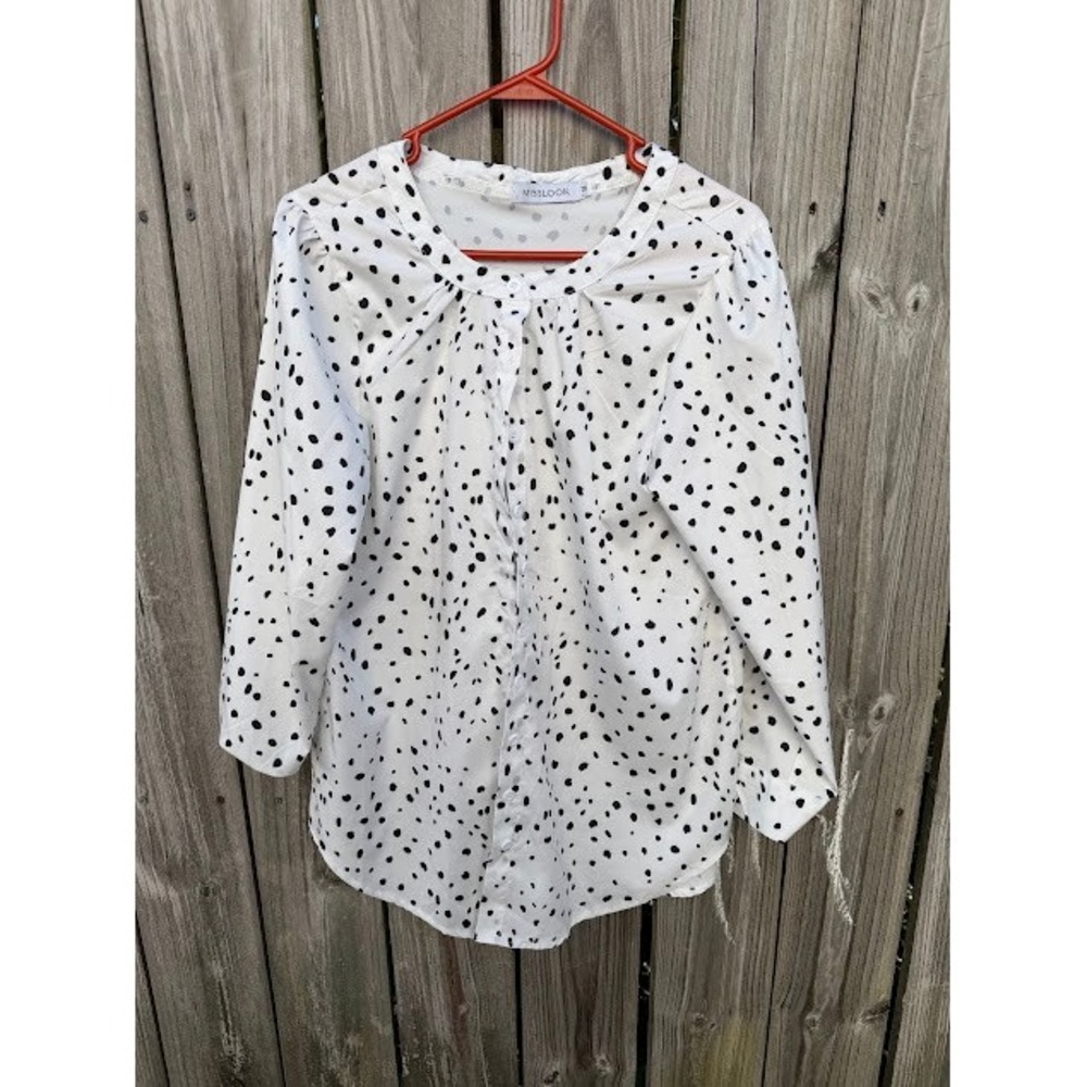 Polka Dot Dalmatian Misslook Button Down Blouse Medium White Black Pleated Top